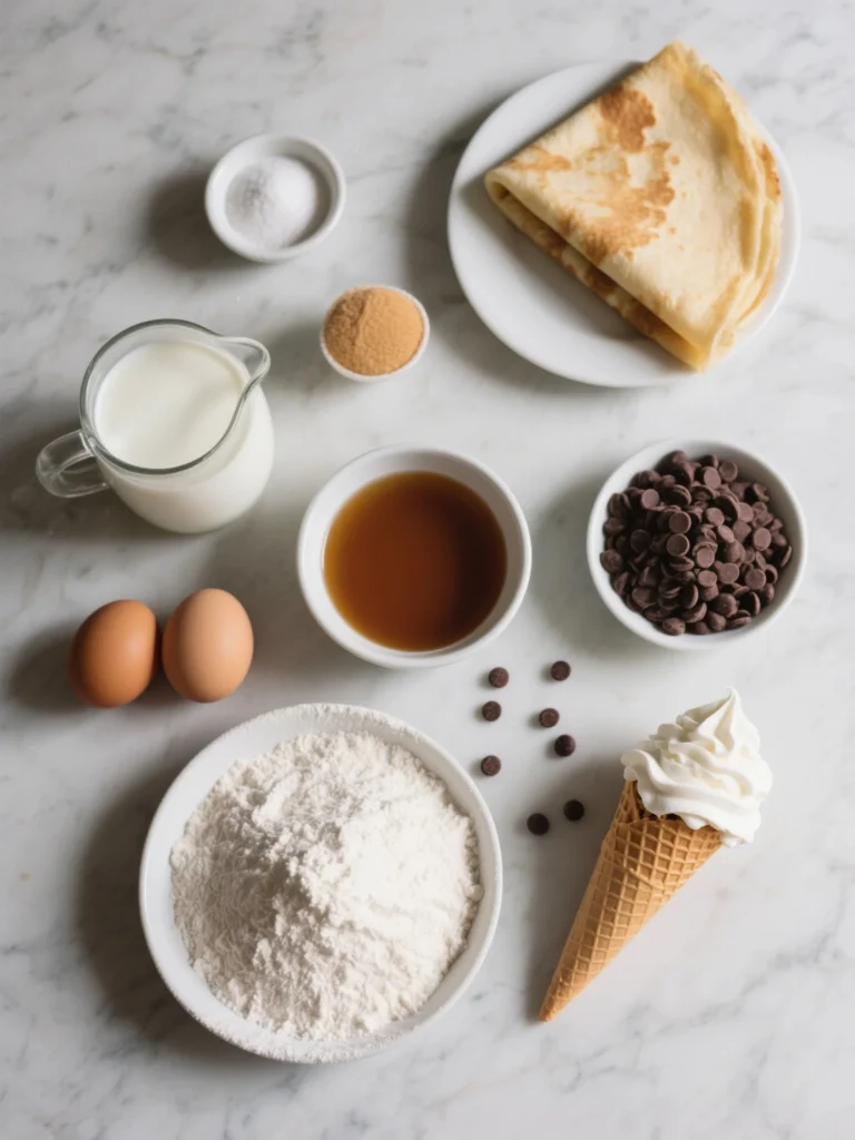 Chocolate Drizzled Crepe with Ice Cream & Whipped Cream 4 Ingredients for chocolate drizzled crepes with ice cream