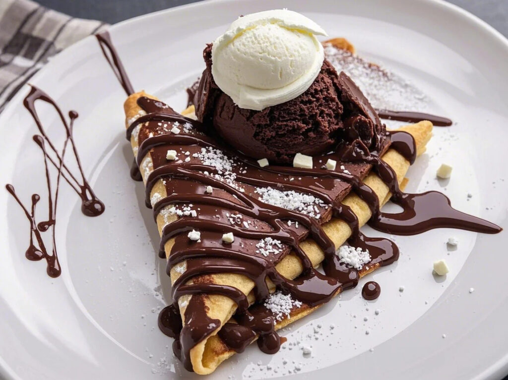 Serving chocolate drizzled crepe with ice cream