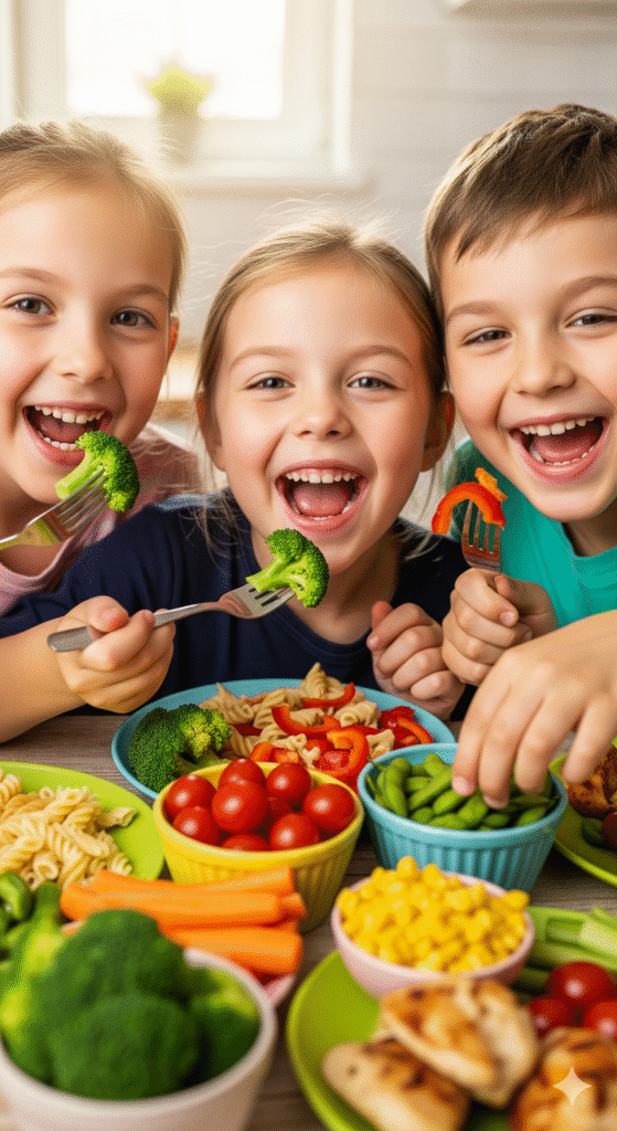 Family-friendly dinner ideas showing children enjoying nutritious meal together