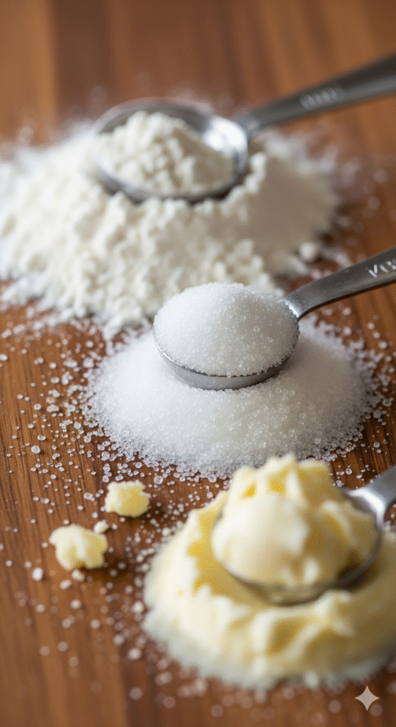 Ultimate Guide to the Perfect Cake 1 macro shot flour sugar butter measuring spoons