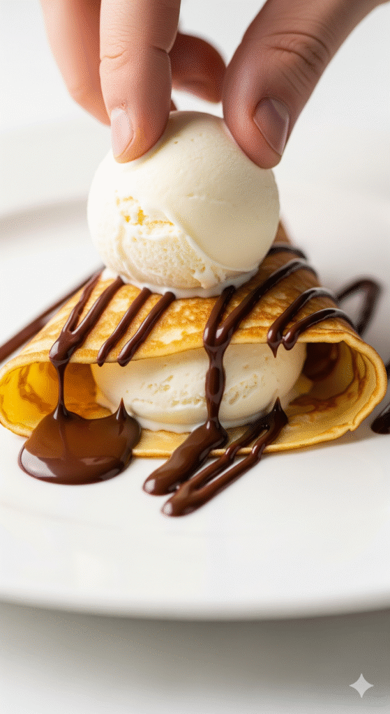 Chocolate Drizzled Crepe with Ice Cream & Whipped Cream 6 Professional assembly technique for chocolate drizzled crepe with ice cream