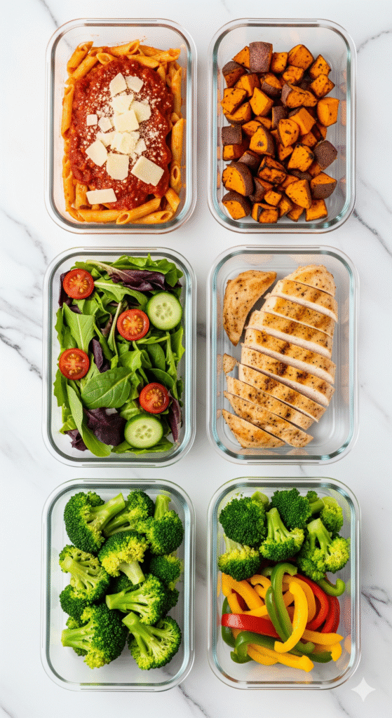 Make-ahead dinner ideas organized in meal prep containers for weekly planning