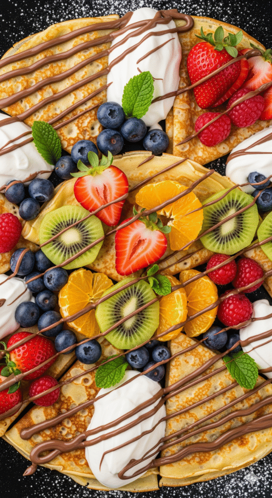 Chocolate Drizzled Crepe with Ice Cream & Whipped Cream 7 Seasonal fruit variations of chocolate drizzled crepe with ice cream