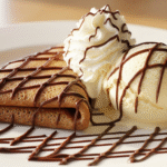 Chocolate Drizzled Crepe with Ice Cream & Whipped Cream 8 Chocolate drizzled crepe with ice cream and whipped cream elegantly plated